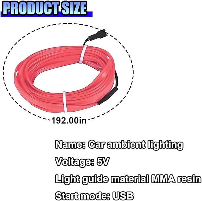 ZIMISI EL Wire Car Interior LED Strip Lights, Neon Light Strip (Pink) | 5V 16FT Car Ambient Lighting Decorations with Sewing Edge, USB Electroluminescent Car Interior Lights with Fuse Protection