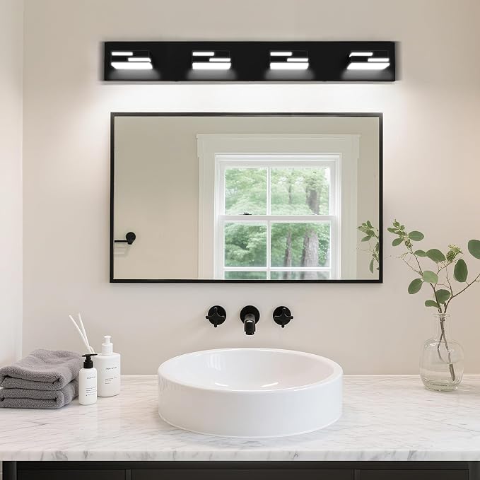 LED Modern Bathroom Vanity Light Fixtures, Dimmable Matte Black Vanity Lights for Bathroom Lighting Fixtures Over Mirror, with 360° Rotatable Acrylic Heads 4-Light 30-inch (Cool White 6000K)