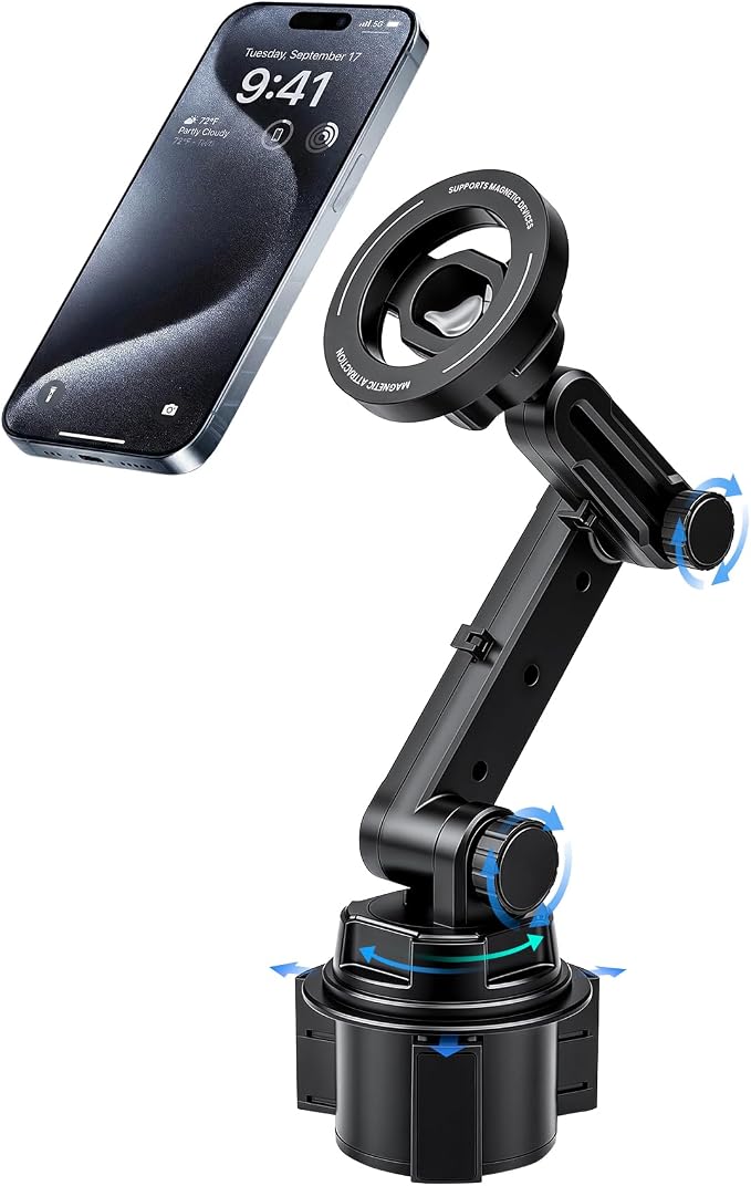 MagSafe Cup Holder Phone Mount, Adjustable Arm for iPhone 12-17 | MagSafe Cup Holder Phone Mount, 360° Adjustable Arm, Modular, No Dashboard Damage, Fits Cars, SUVs & Trucks, iPhone 12-17