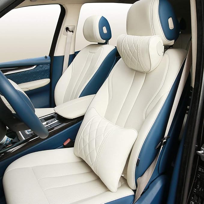 LUNDA Luxury Car Neck Pillow Car Travel Neck Rest Pillows Seat Cushion Support Napa Leather for Mercedes Benz S-Class headrest （Beige）