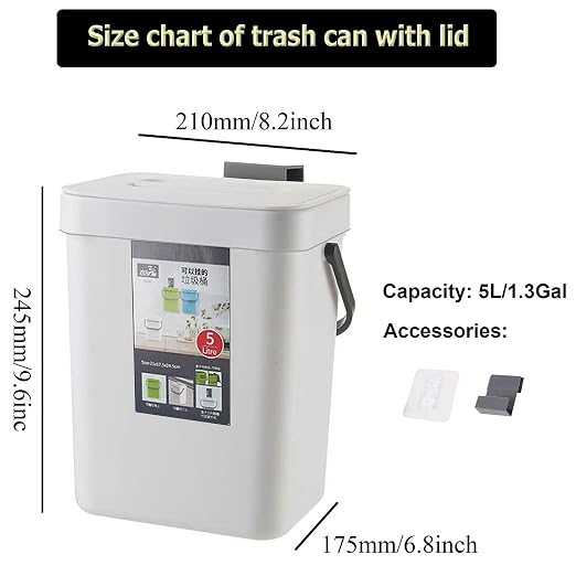 Small Trash Can with Lid Mini Kitchen Hanging Trash Can Tightly Sealed Odor Free, Small Countertop Compost Bin for Scraps from Daily Cooking, Mountable Trash Bin for Kitchen Counter, 5L/1.3 White