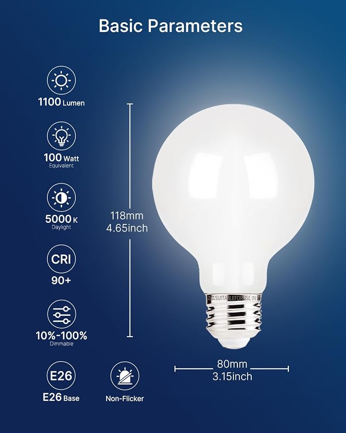 FLSNT G25 LED Globe Bulb, 100W Equivalent 11W 1100 Lumen, 5000K Daylight, White Coated Glass for Soft Even Light, Dimmable E26 Base, for Garage Workshop & Bathroom Vanity, UL and FCC Listed (6 Pack)