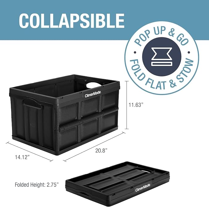 CleverMade Collapsible Plastic Storage Bins, 46L 3 Pack, Stacking, Ocean | Built-in handles simplify garage, car and household organization, while the roomy open-top keeps bulky supplies accessible