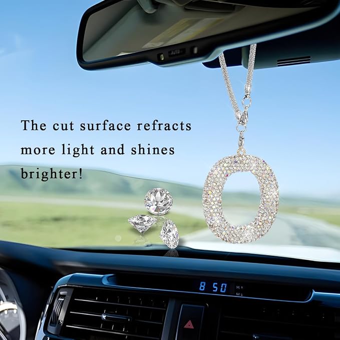 DXNQ Bling Initial Car Rear View Mirror Ornament, Crystal Sparkling Cute Letter Charm Pendant Auto Decor, Hanging Lucky Diamond Initial Charm Car Mirror Bag Ornament for Girl Women (Letter O)