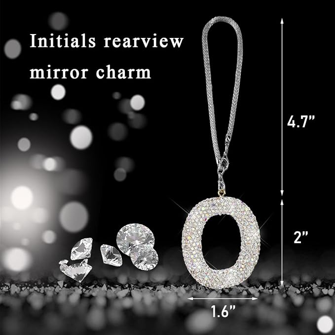 DXNQ Bling Initial Car Rear View Mirror Ornament, Crystal Sparkling Cute Letter Charm Pendant Auto Decor, Hanging Lucky Diamond Initial Charm Car Mirror Bag Ornament for Girl Women (Letter O)