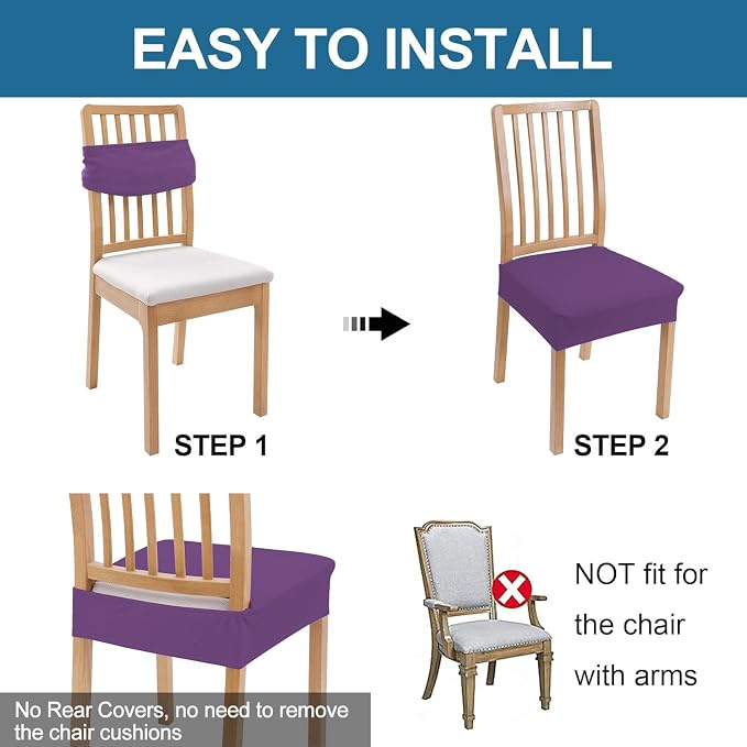 Smiry Waterproof Seat Covers for Dining Room Chairs Set of 8, Stretch Jacquard Removable Washable Chair Seat Slipcovers Protector, No Rear Covers, Purple