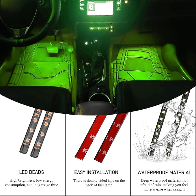 Car LED Strip Light, Car Interior Lights, 12V 24 LED Auto Under Dash Atmosphere Lights with USB Port, Auto Atmosphere Under Dash Lighting Kit for Vehicles (Green, Cigarette Lighter)