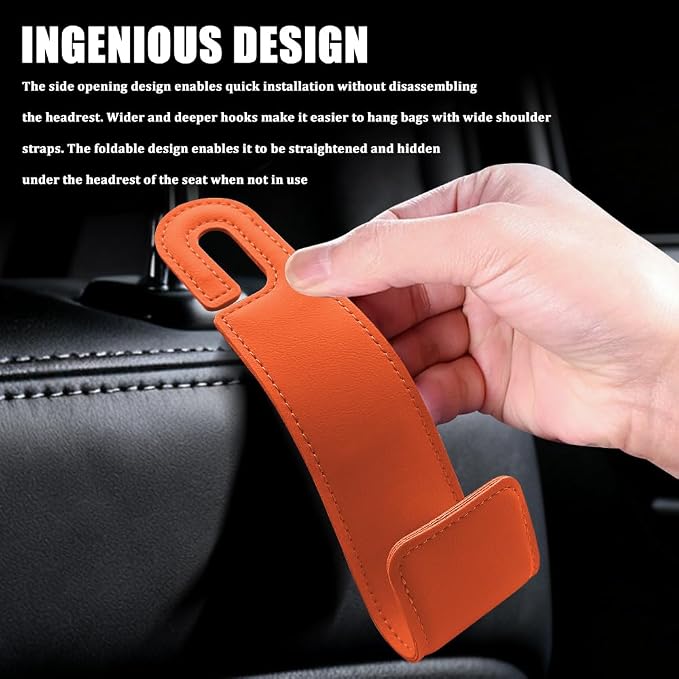 2PCS Car Seat Headrest Hooks, Purse Hook for Car, Automotive Headrest Handbags Holder, Auto Accessories Leather Seatback Organizer Hanger for Hanging Purses Bags Coats (Orange, 1PCS)