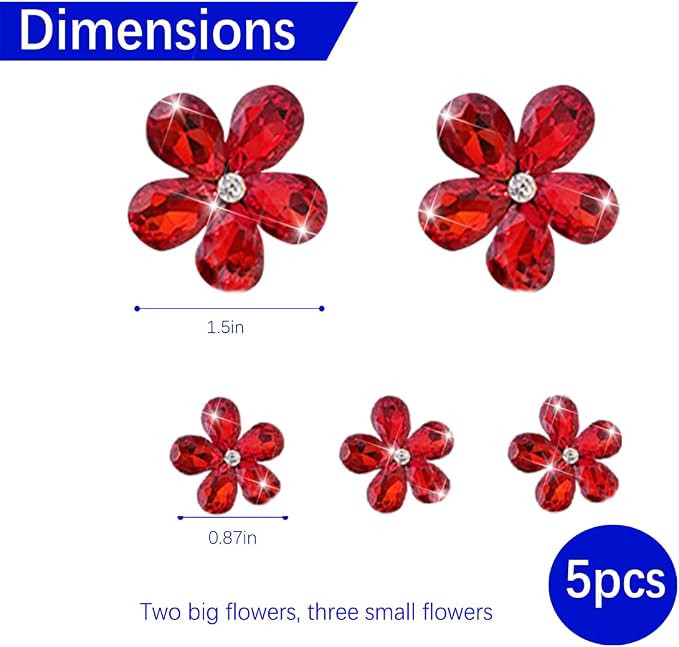 Zpana Bling Daisy Flower Car Air Vent Clips, 5PCS Sparkling Crystal Rhinestone Cute Vehicle Air Conditioning Clamp, Diamond Auto Air Outlet Clip Decor for Women Girls, Universal Fit (Red)