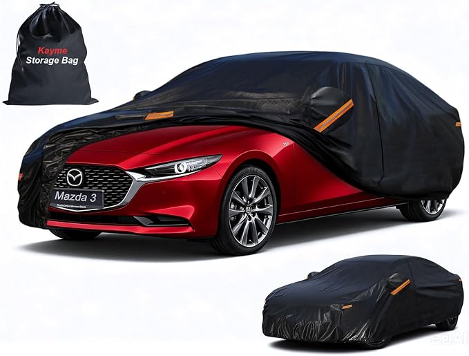 Kayme 7 Layers Sedan Car Cover Custom Fit for Mazda 3 (2003-2025), Waterproof All Weather for Automobiles,Rain Sun UV Protection.Black