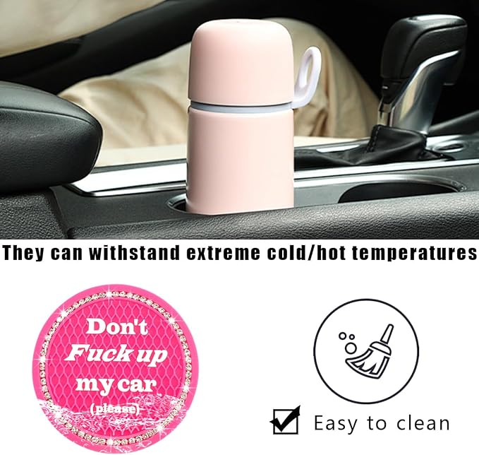 2 PCS Bling Car Cup Coaster, 2.75 Inch Anti-Slip Cup Holder Insert Coasters, Crystal Rhinestone Auto Drink Car Cup Mat for Women Girls, Universal Interior Car Accessories (Rose Red)