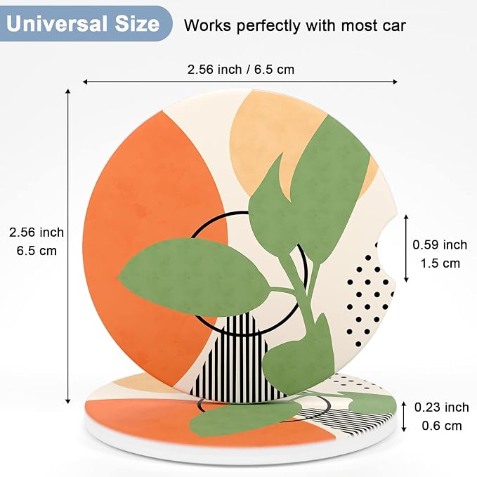 Nipichsha Car Coasters for Cup Holders, 2 Pack Absorbent Ceramic Car Cup Holder Coaster for Drinks, Cute Auto Assecories for Women Men, Size 2.56 in with Finger Notch & Cork Base, Modern Abstract Art