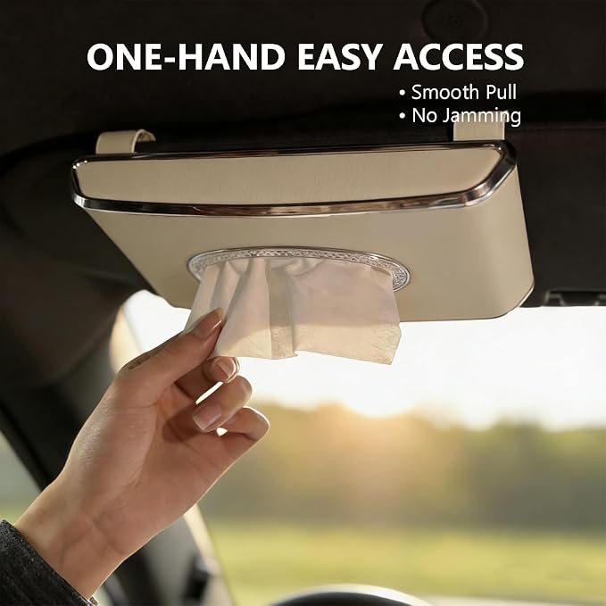 Faux Leather Car Tissue Box for Car Interior, Multi-Function Tissue Holder with Visor Clip, Armrest & Back Seat Napkin Organizer, Vehicle Tissue Dispenser Accessories (Beige Hanging)
