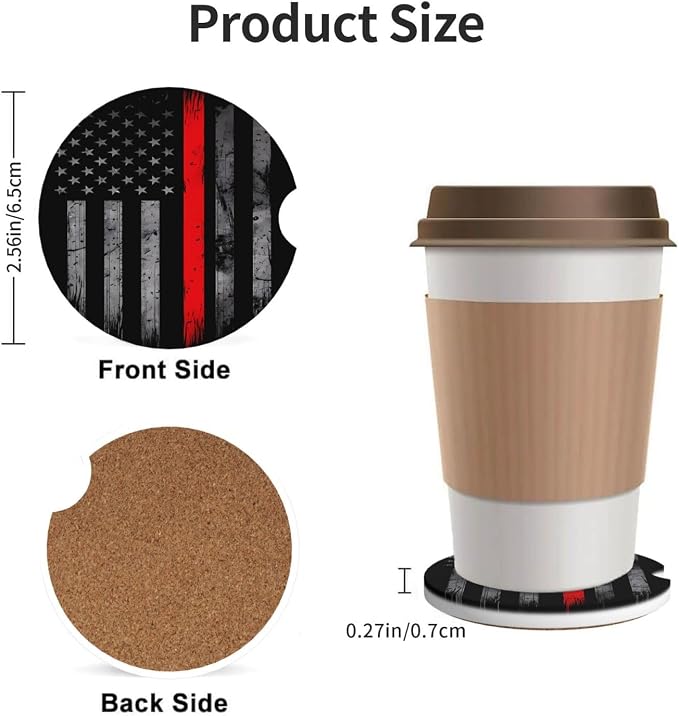 Thin Red Line American Flag Firefighter Absorbent Ceramic Car Coasters 2 Pack Insert Cupholder Coaster Car Cup Holder Mat with Finger Notch Anti-Slip Cork Base Reusable Drink Coasters 2.56 in