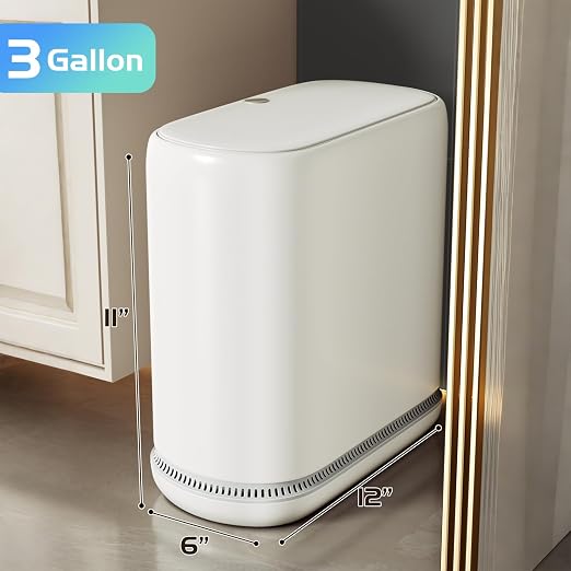 Bathroom Trash Can with Lid, 3 Gallon Small Slim Garbage Bin with Auto-Adsorption & 75 Bags (5 Rolls), Mini Waste Basket Dog Proof for Bathroom, Kitchen, Office, Bedroom, Laundry, Toilet, Rv, White