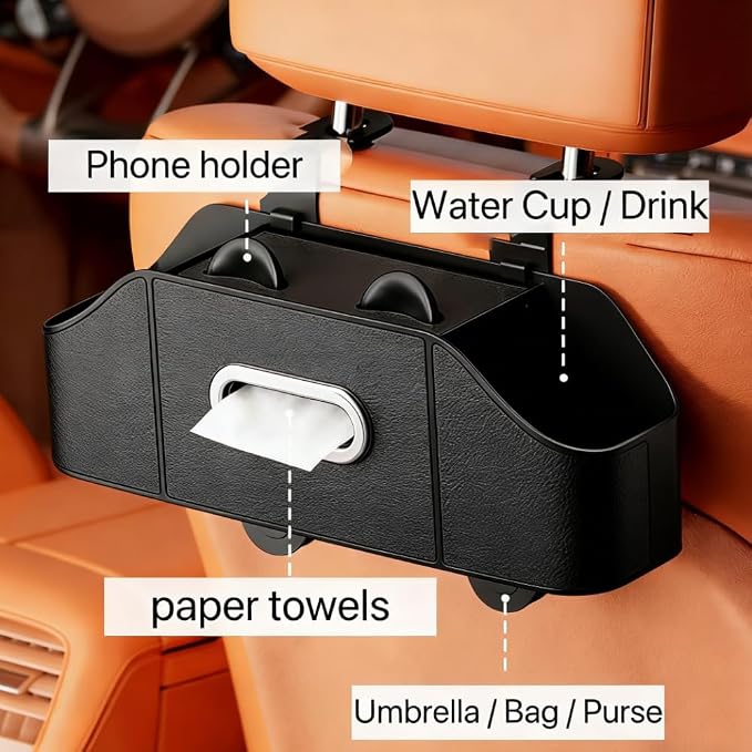 2 Pack 4-in-1 Car Backseat Organizer, PU Leather Headrest Storage Box with Tissue Holder, Dual Cup Holders, Phone Stand & Hooks, Universal Fit for Most Cars, Road Trip Essentials (Black)