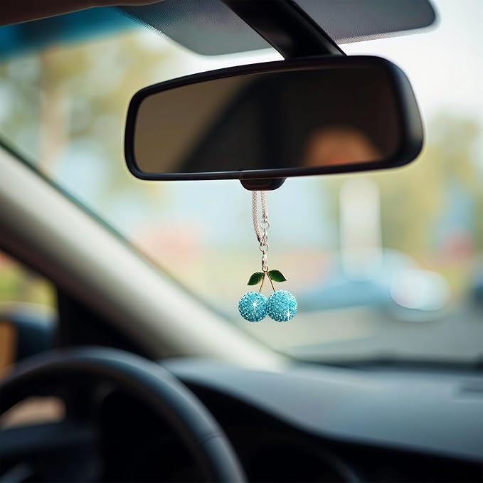 Bling Cherry Car Hanging Ornament, Cute Crystal Rear View Mirror Pendant, Sparkly Diamond Rearview Mirror Charms, Lucky Car Interior Decor Accessories (Blue)