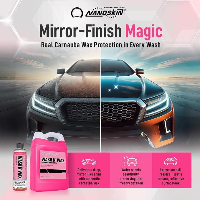 Nanoskin WASH N' WAX with Carnauba 30 gallons - Cleans & Shines in One Step | Works with Foam Cannon, Foam Gun, Bucket Washes, Pressure Washer | Carnauba Wax Protection for Cars