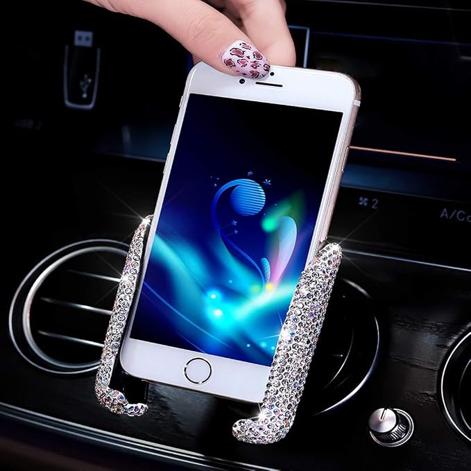 SUNCARACCL Bling Car Phone Holder Mini Dash Air Vent Phone Mount | Universal 360 Degrees Adjustable Rhinestone Phone Stand,Bling Car Accessories for Women and Girls (White Dimond)