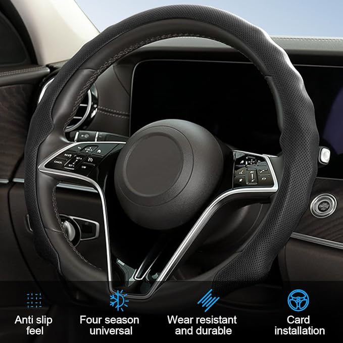 Car Steering Wheel Cover, 15 inch Nappa Leather Anti-Slip & Ultra-Thin 5D Vehicle Steering Wheel Protector, Breathable Automotive Interior Accessories, Universal Fit (Black)