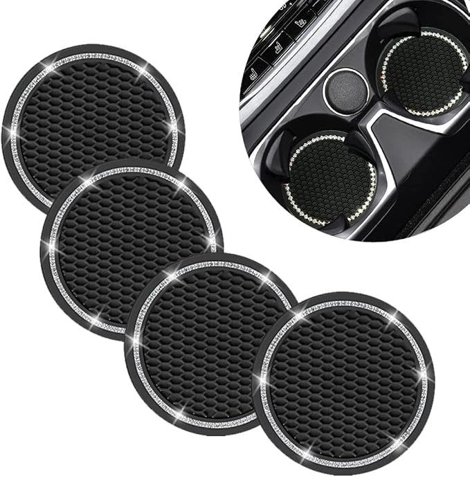 Car Coasters for Cup Holders, 2.75 Inch Auto Cup Holder Insert Coasters Silicone Anti-Slip Crystal Rhinestone Cute Drink Car Cup Mat, 4PCS Bling Car Accessories for Women & Lady (Black)