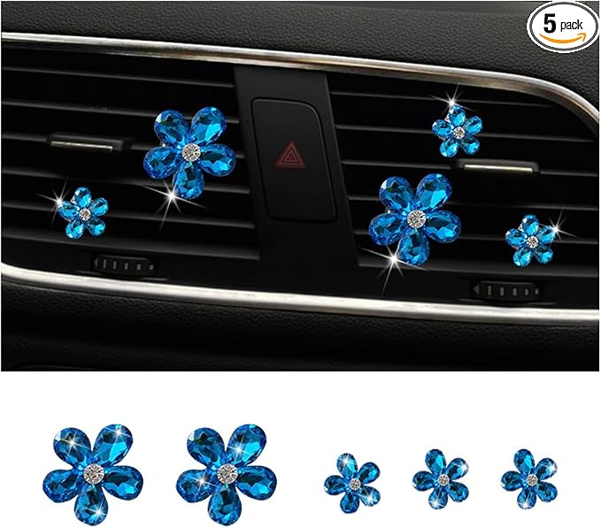 Zpana Bling Daisy Flower Car Air Vent Clips, 5PCS Sparkling Crystal Rhinestone Cute Vehicle Air Conditioning Clamp, Diamond Auto Air Outlet Clip Decor for Women Girls, Universal Fit (Blue)