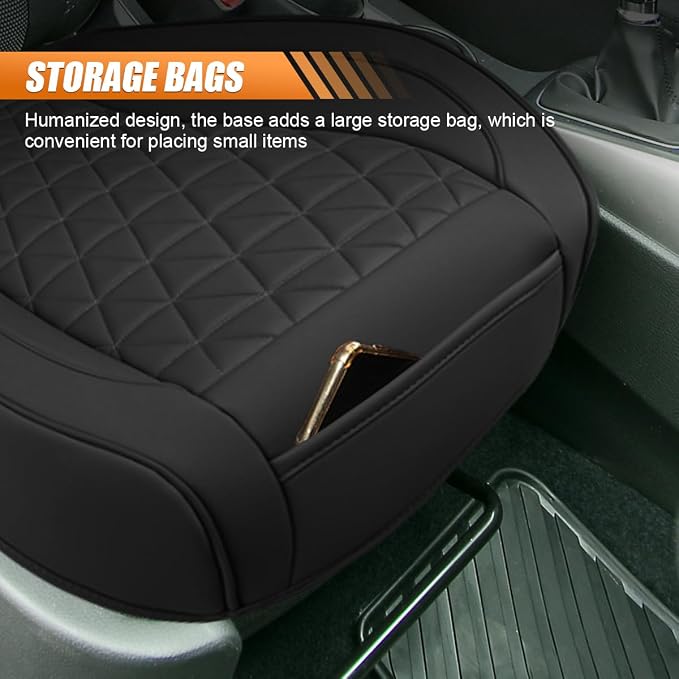 Luxury Faux Leather Car Seat Cover, Car Seats Cushion, Black | Anti-Slip Waterproof Universal Front Bottom Seat Protector with Storage Pocket for Sedans, SUVs, Trucks, Triangular Pattern
