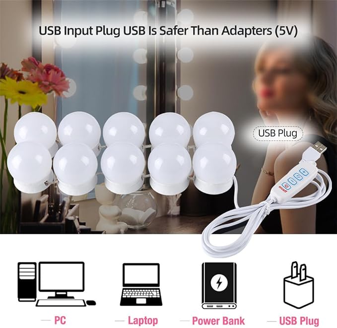 LED Vanity Lights for Mirror, Hollywood Style Vanity Lights with 10 Dimmable Bulbs, Adjustable Color & Brightness, USB Cable, Mirror Lights Stick on for Makeup Table Dressing Room (8 Lights)