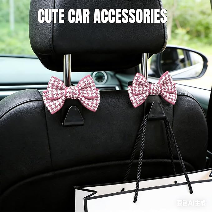 2PCS Car Seat Headrest Hooks, Car Purse Hook, Cute Bow Knot Vehicle Seatback Hanging Storage Organizer, Auto Seatback Decor Organizer Hanger for SUV Truck (Small Houndstooth/Pink)