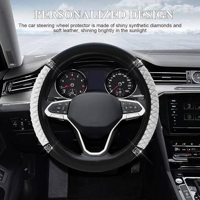 Bling Soft Leather Steering Wheel Cover, 15 Inch Colorful Rhinestones Auto Elastic Steering Wheel Protector for Women Girls, Car Accessories Anti Slip Steering Wheel Cover for Cars, SUVs (White)
