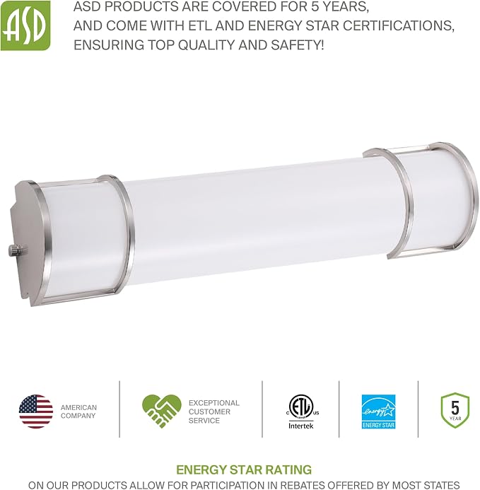 ASD LED 18" Vanity Flush Mount Light Fixture, Linear Bathroom Lighting Bar | 3CCT, Dimmable, Energy Star, ETL Listed | 20W 1650LM 3000-5000K 120V | Long Bath Wall Sconce Over Mirror | Nickel, 2 Pack