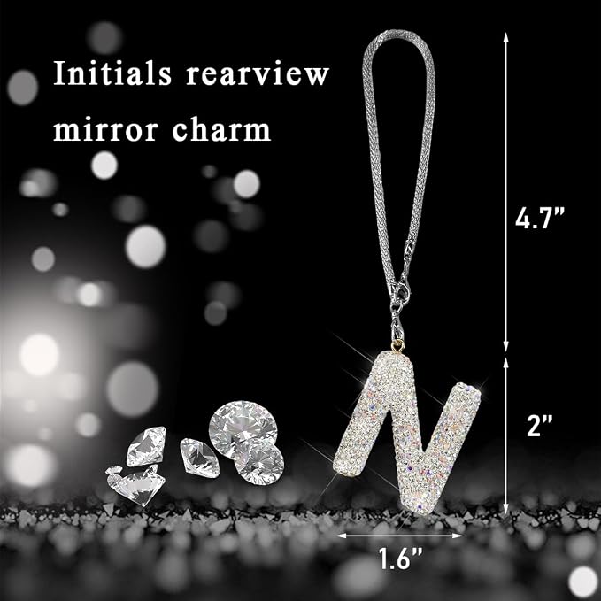 DXNQ Bling Initial Car Rear View Mirror Ornament, Crystal Sparkling Cute Letter Charm Pendant Auto Decor, Hanging Lucky Diamond Initial Charm Car Mirror Bag Ornament for Girl Women (Letter N)