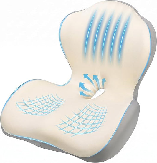 Car Seat Cushion with Lumbar Support Pillow, Memory Foam Office Chair Cushion for Back Pain Sciatica Pain Relief, Ergonomic L-Shaped Seat Cushion for Car Truck Driving Office Chair Home (White Gray)