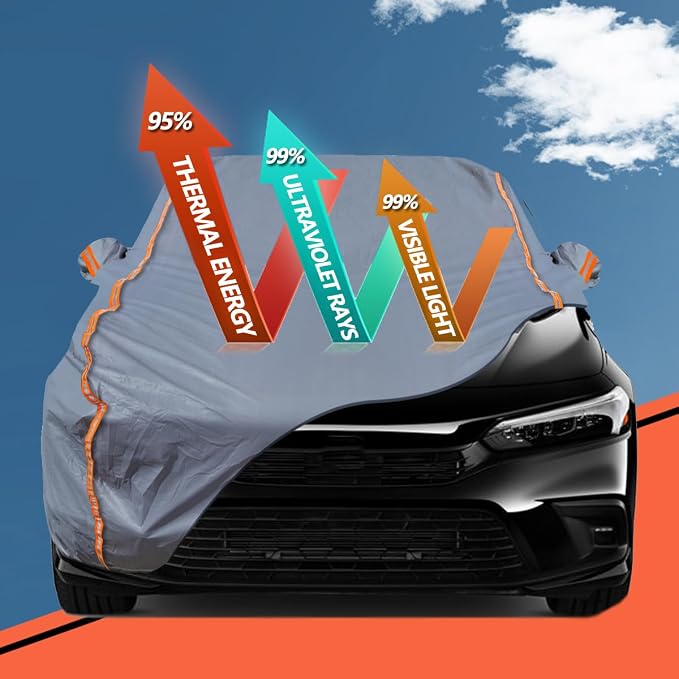 TUCAREST 6-Layers PEVA Premium Full Car Cover Fit for Sedan hatchback Pickup SUVs MPV Rain and snow protection, sun protection, UV protection, and protection of car paint surfaces-Silver Grey -Up 208"
