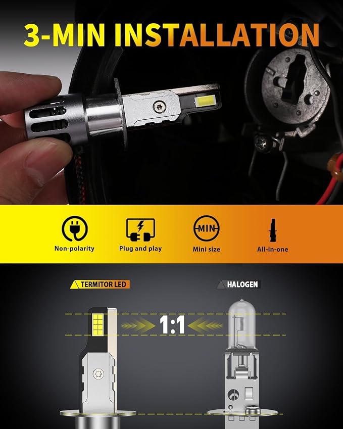 Termitor Upgraded H𝟣 Bulbs, 90,000LM 6500K White White Super Bright, 1:1 Halogen Size, 6500K Cool White, No Adapter Required, Easy Install Non-Polarity H1 H1LL Off Road Lights, Pack of 2