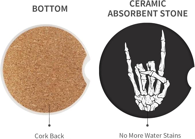 Britimes Absorbent Car Coasters 2 Pack for Cup Holders, 2.56" Ceramic Stone & Non-Scratch Cork Base Drink Coasters Skeleton Skull Rock Vintage Rocker