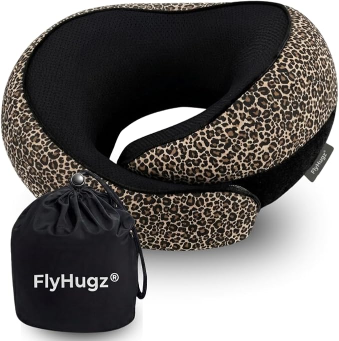 FlyHugz® Neck Travel Pillow Memory Foam Neck Pillow for Comfort on Airplane Compact and Ergonomic Design for Travel, Car Rides, and Home Use Ideal for Adults and Kids. (Leopard Print)