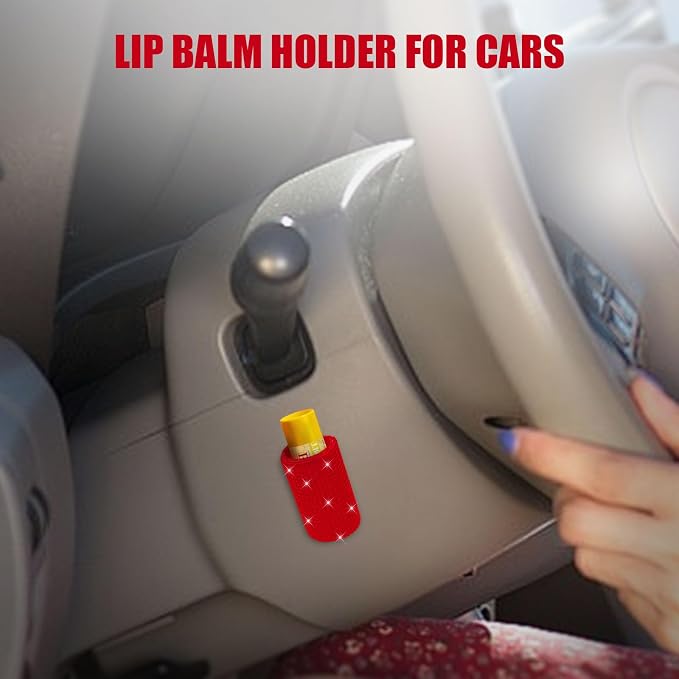 Upright Car Chapstick Holder, Bling Insulating Lip Balm Holder,Rhinestone Car Accessories for Women Interior ,Suitable for Most Vehicles. (Red)