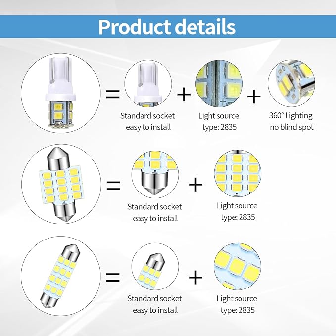 24PCS Car Interior LED Bulb, Dome Light LED Car Interior Replacement Bulb Kit Set T10 31 mm 41 mm for Car Interior, Indoor Map Dome Lights, License Lights, Trunk Lights, Etc.