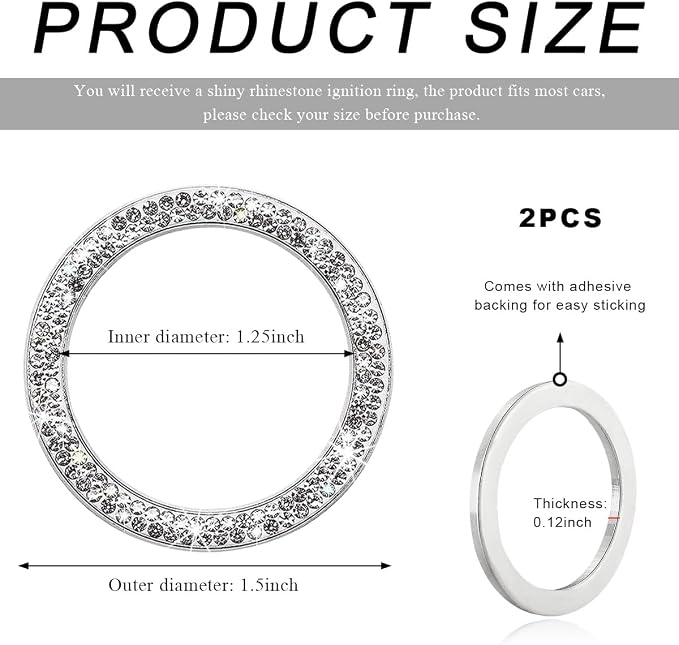 2 PCS Car Bling Crystal Rhinestone Engine Start Ring Decals, Sparkling Diamond Car Push Start Button Ignition Ring Sticker, Auto Key Ignition Knob Ring Decoration for Women Girls (White)