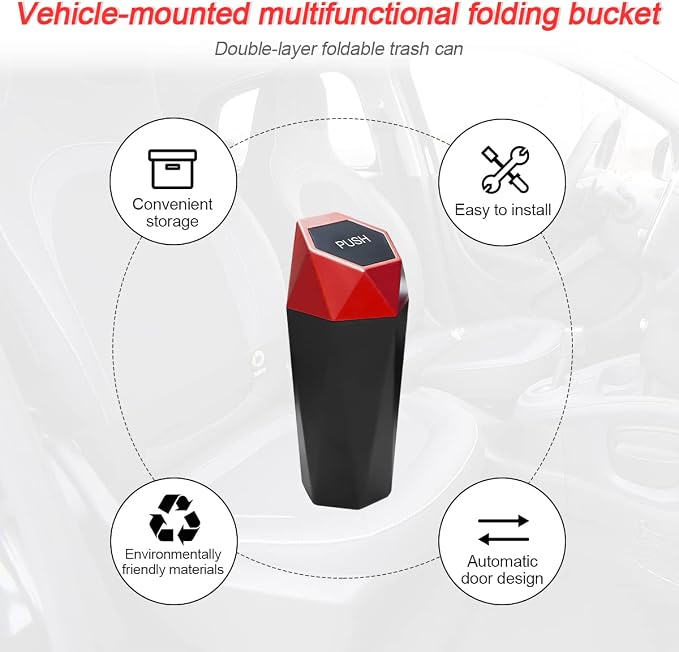 2PCS Car Trash Can with Lid, Mini Portable Auto Garbage Can, Small Leakproof Diamond Design Trash Dustbin, Waterproof Vehicle Rubbish Bins for Automotive Car, Home, Office, Kitchen, Bedroom (Red,2)