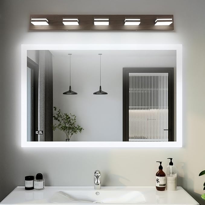 SineRise LED Modern Bathroom Vanity Light Fixtures (5-Light, 40-Inch), Brown Wood Painted Modern Acrylic Bathroom Wall Lighting Fixtures Over Mirror (Cool White 6000K)
