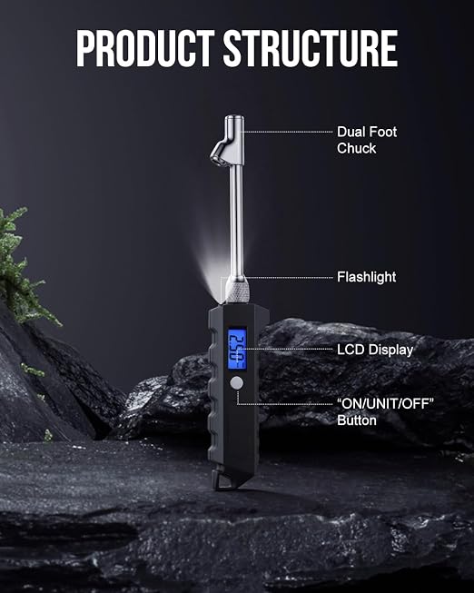 Digital Tire Pressure Gauge, Heavy Duty Stainless Steel Dual Head Tire Gauge 0-230 PSI with Flashlight & Backlit LCD, Car Accessories for RV Truck & Cars, 1 Pack