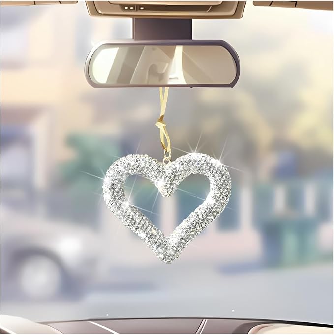 Mandark Bling Heart Car Hanging Accessories, Crystal Rhinestone Vehicle Rear View Mirror Charm Pendant Ornaments, Cute Diamond Auto Interior Hanger Decoration for Women Girls（Silver）