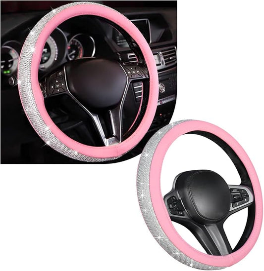 povtii Bling Car Steering Wheel Cover, Sparkling Crystal Rhinestone Auto Wheel Protector, Anti Slip Cover Fit 15 Inch Steering Wheel for Women Girls, Universal Car Accessories (White+Pink)