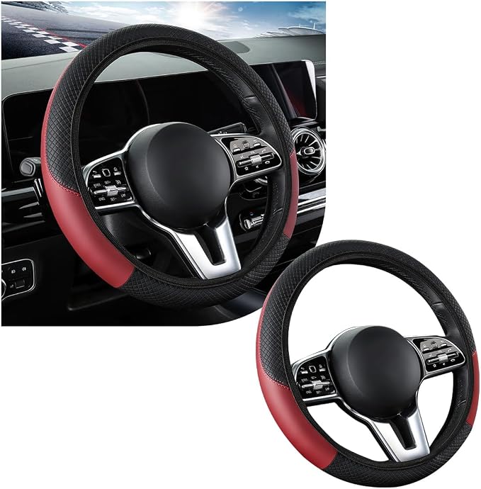 povtii Car Steering Wheel Cover, 15 Inch Leather Breathable Auto Steering Wheel Protector, Comfortable Non-Slip Vehicle Steering Wheel Covers, Universal Interior Car Accessories (Wine Red)