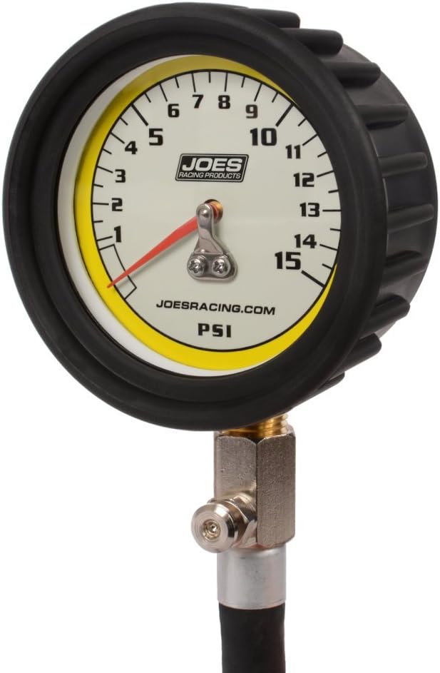 Joes Racing Products Tire Pressure Gauge, Pro Tire, Glow in The Dark, 0-15 psi, Analog, 2-1/2 in Diameter, White Face, 1/2 lb. Increments, Each,32315,Black