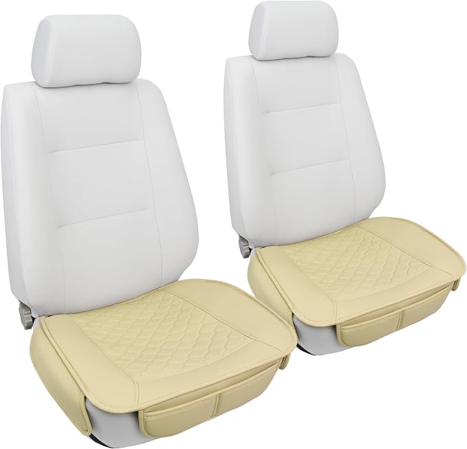 Elantrip 2 Pcs Faux Leather Beige Car Seat Covers with Padded Comfort and Storage Pockets Waterproof, Anti-Slip, Full Wrap Protection - Premium Interior Protectors for Cars, Trucks, SUVs