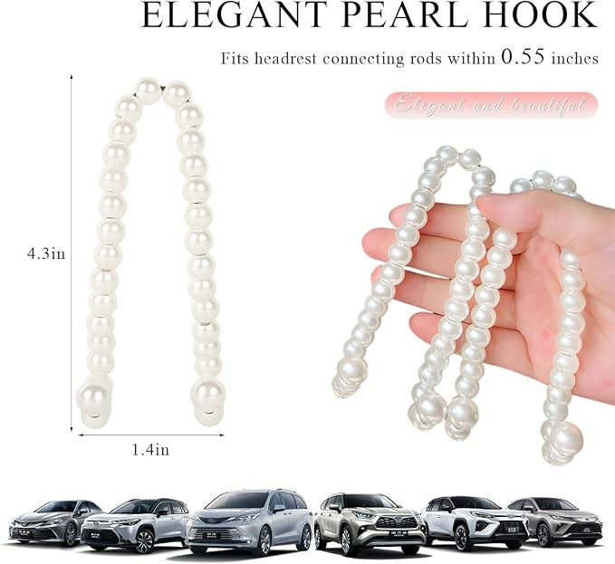 DXNQ 2 PCS Elegant Pearl Car Seat Headrest Hook, Cute Car Seat Hook Hanger Storage Organizer for Handbag Purse, Interior Decoration Headrest Hanger for Women Girls, Car Accessories