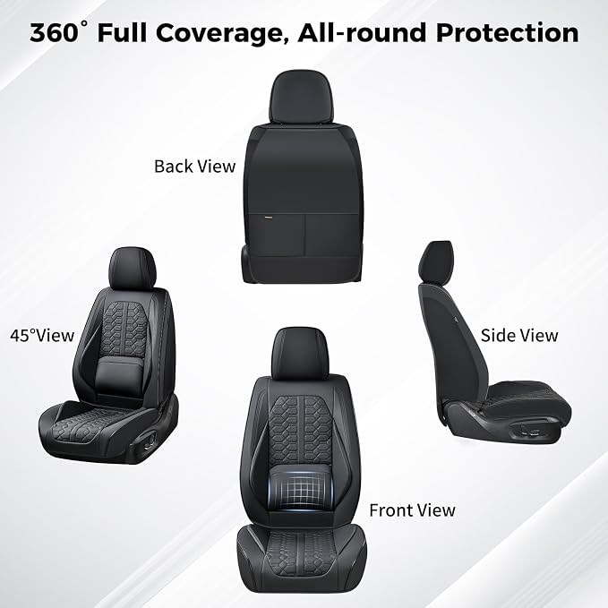 Huidasource Black Front Car Seat Covers, 360° Full Wrap Seat Covers with Lumbar Support, Leather Seat Cushion Covers Protector Fit for Most Cars SUV Trucks, Automotive Seat Covers